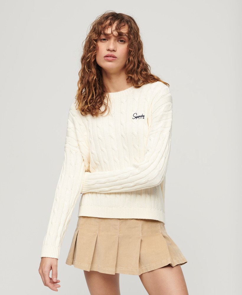 sweter vintage z obniżonymi ramionami i warkoczowym splotem w kolorze ecru