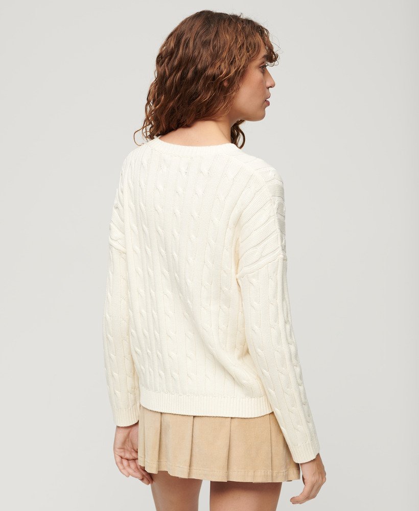 sweter vintage z obniżonymi ramionami i warkoczowym splotem w kolorze ecru