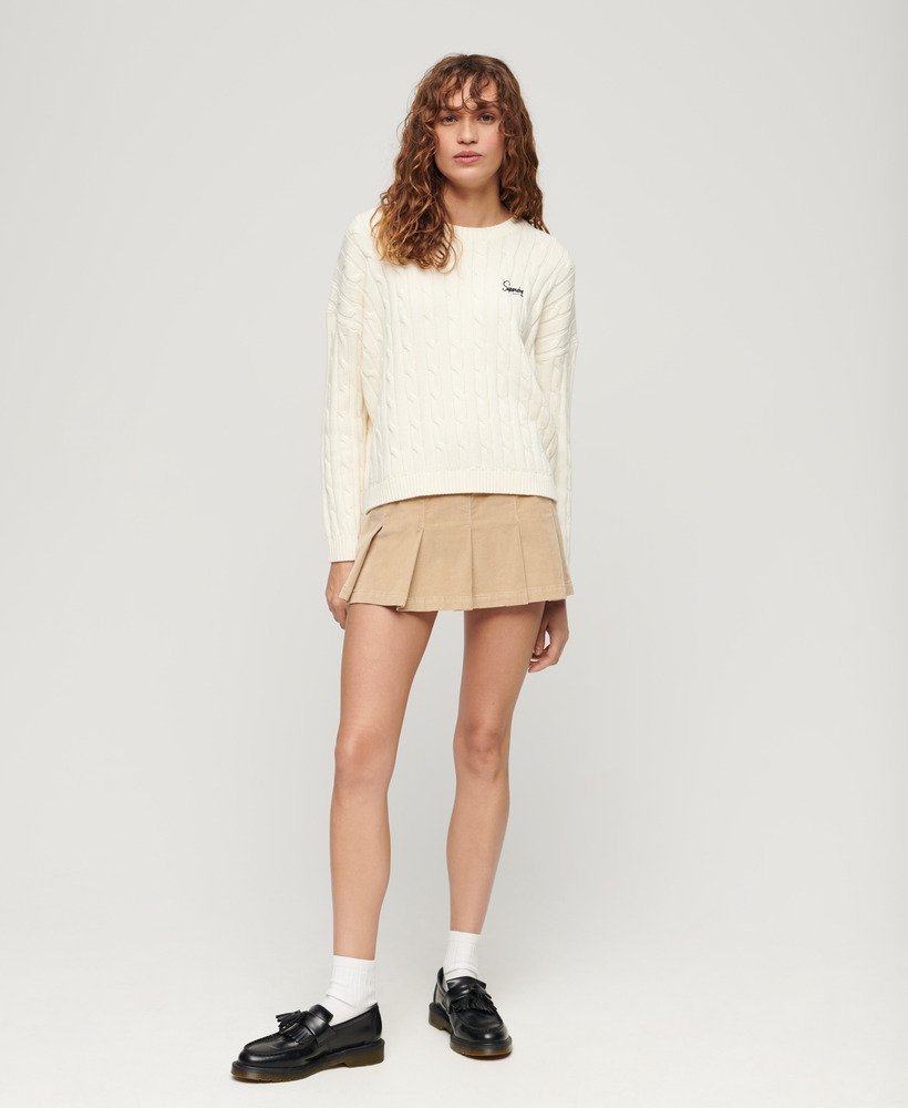 sweter vintage z obniżonymi ramionami i warkoczowym splotem w kolorze ecru