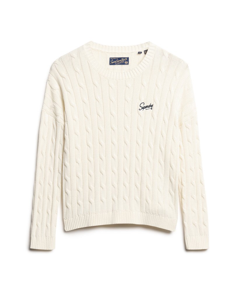 sweter vintage z obniżonymi ramionami i warkoczowym splotem w kolorze ecru