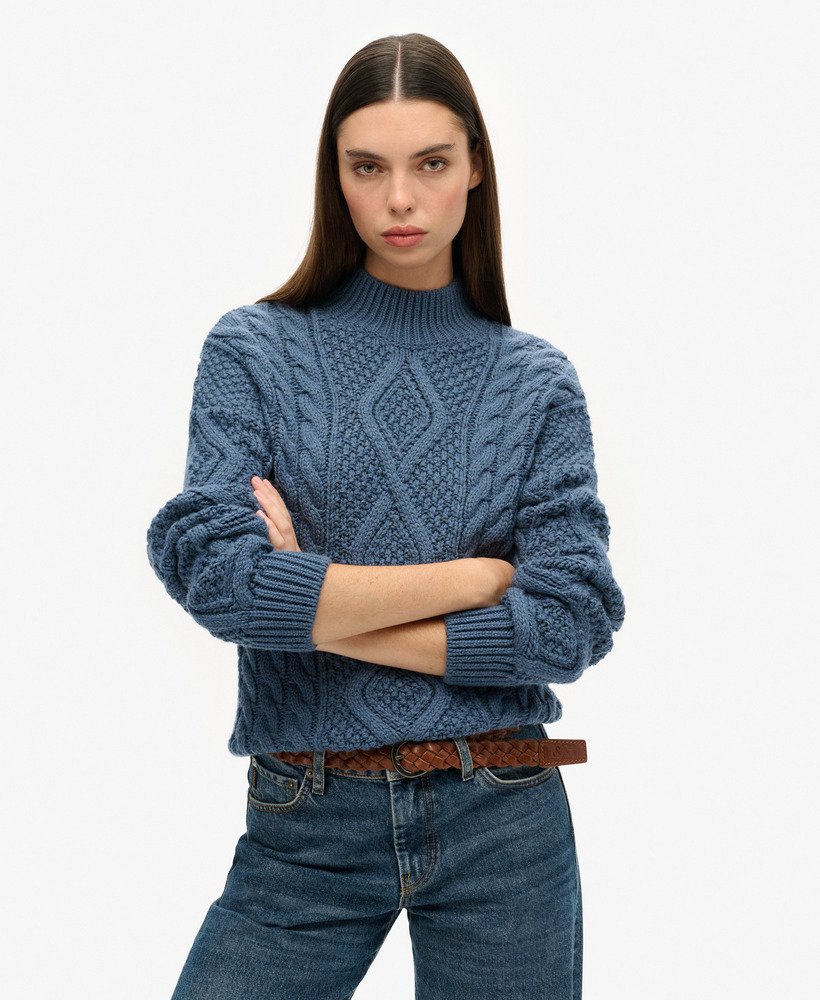 sweter polo aran cable knit w kolorze vintage denim blue