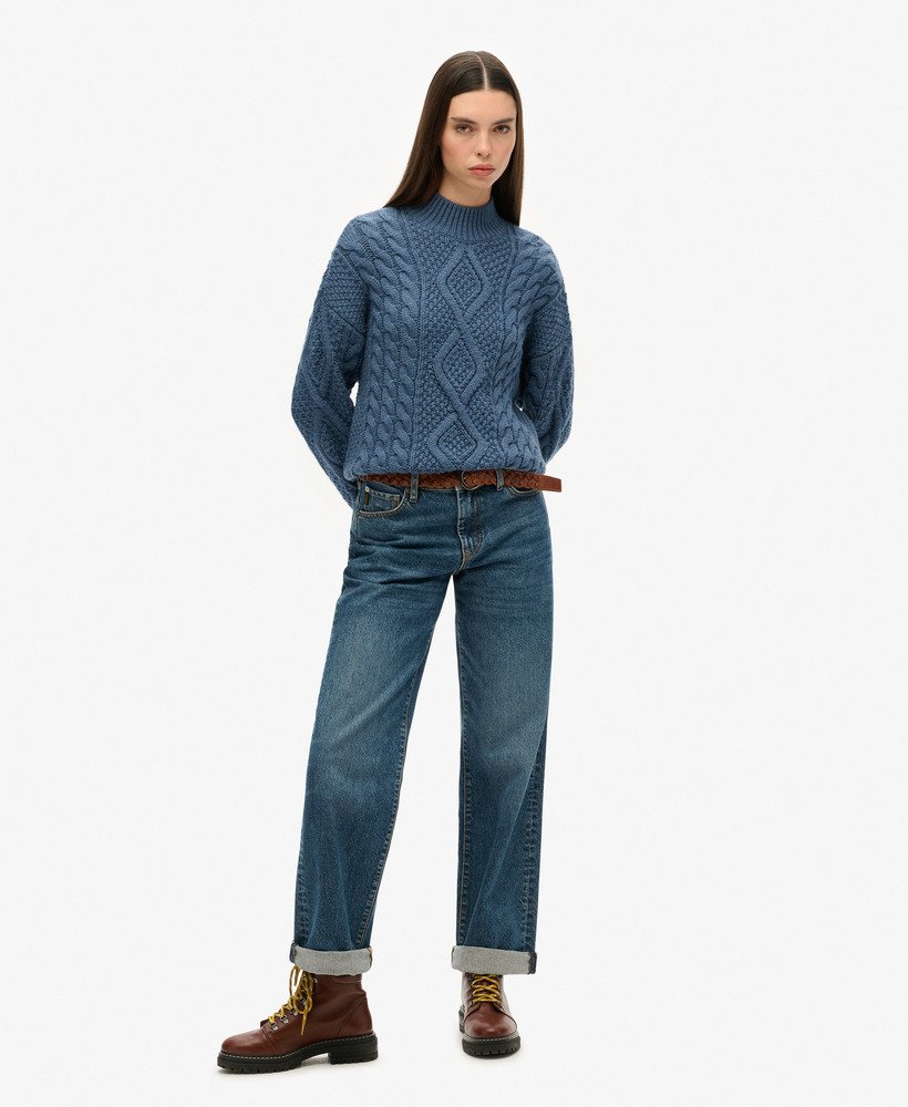 sweter polo aran cable knit w kolorze vintage denim blue