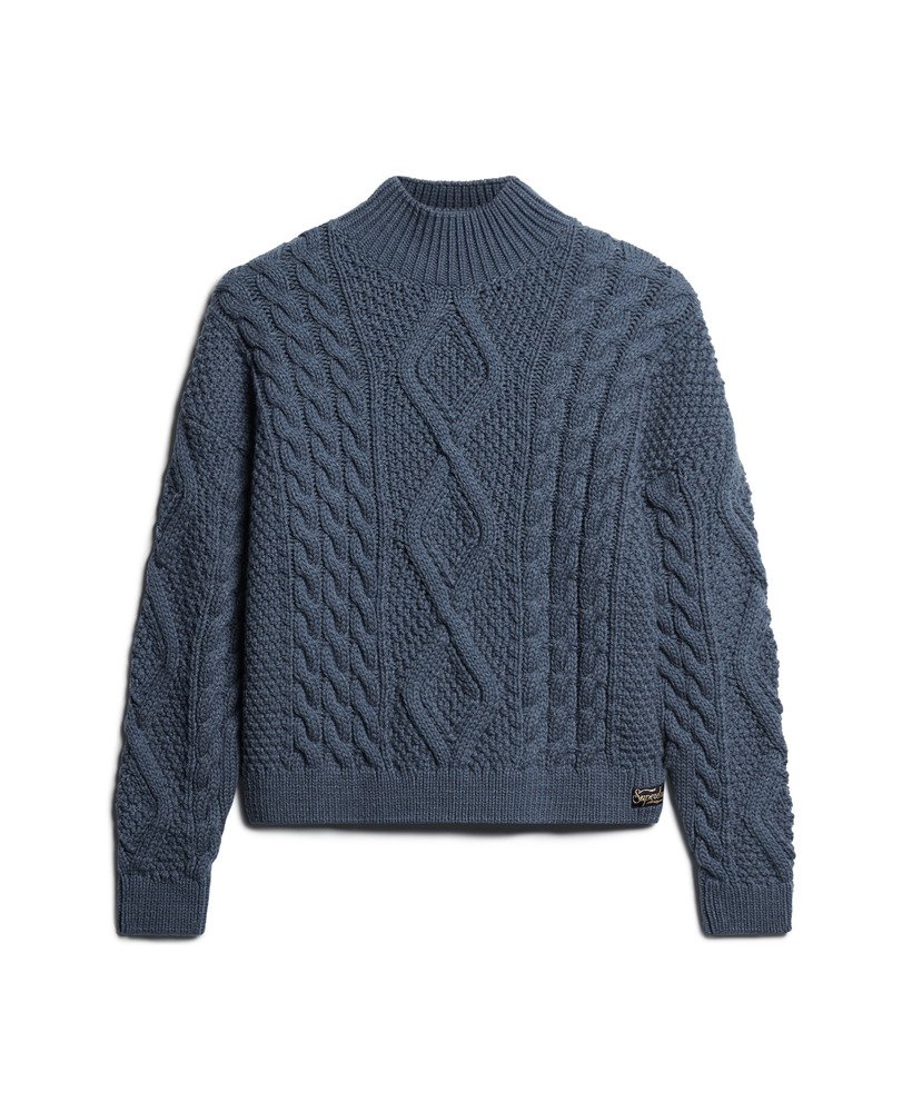 sweter polo aran cable knit w kolorze vintage denim blue