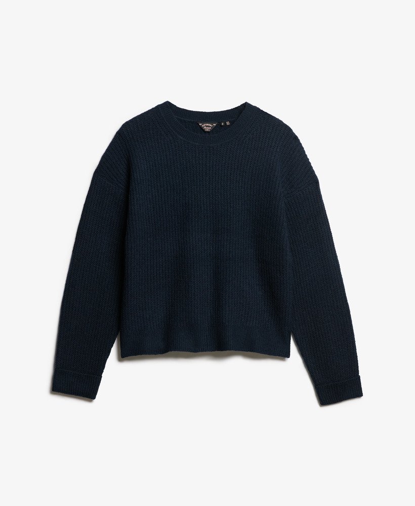 sweter z okrągłym dekoltem w kolorze ciemnoniebieskim z ozdobnym skręconym wzorem