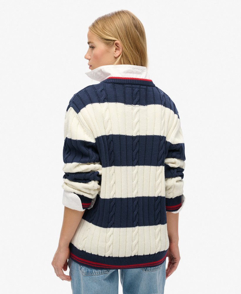 sweter w paski oversize z dekoltem w serek w kolorze najbogatszego granatu
