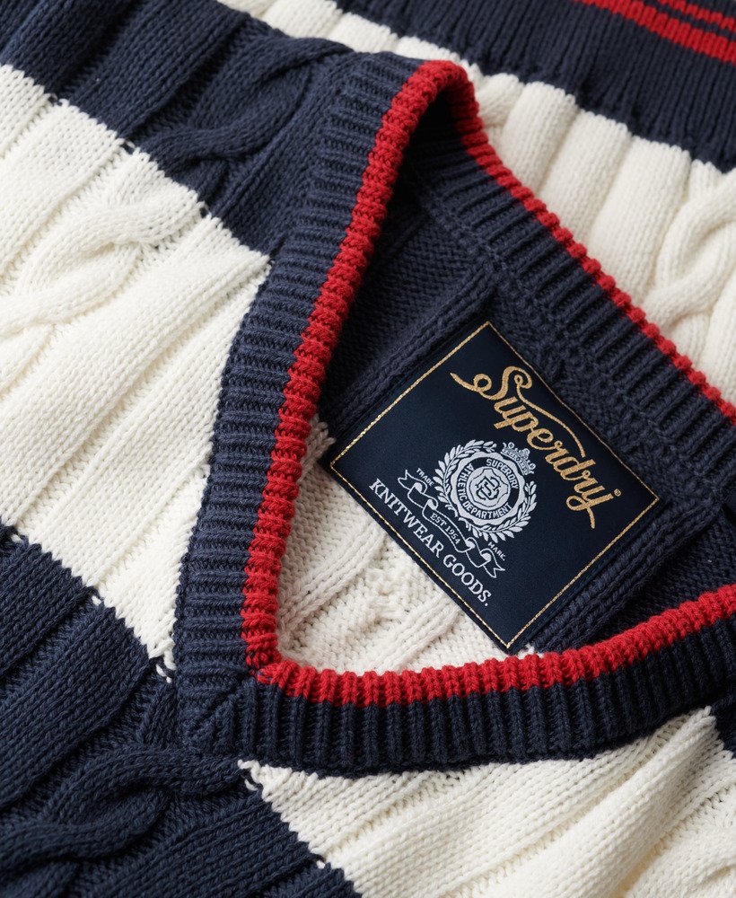 sweter w paski oversize z dekoltem w serek w kolorze najbogatszego granatu