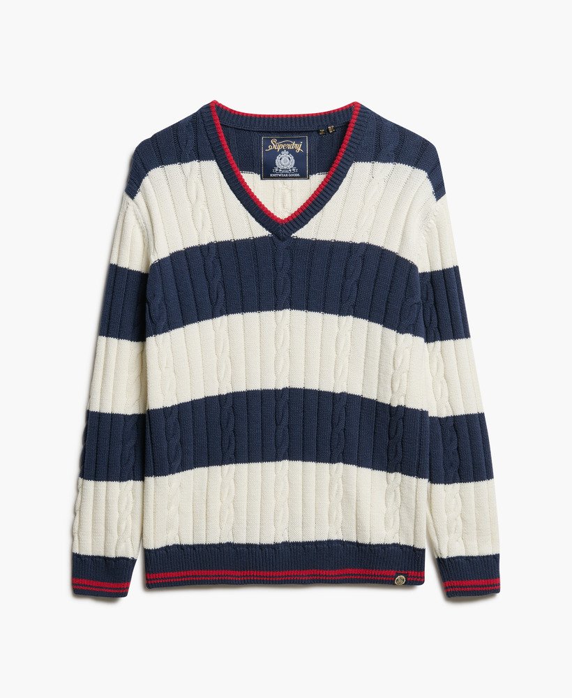 sweter w paski oversize z dekoltem w serek w kolorze najbogatszego granatu