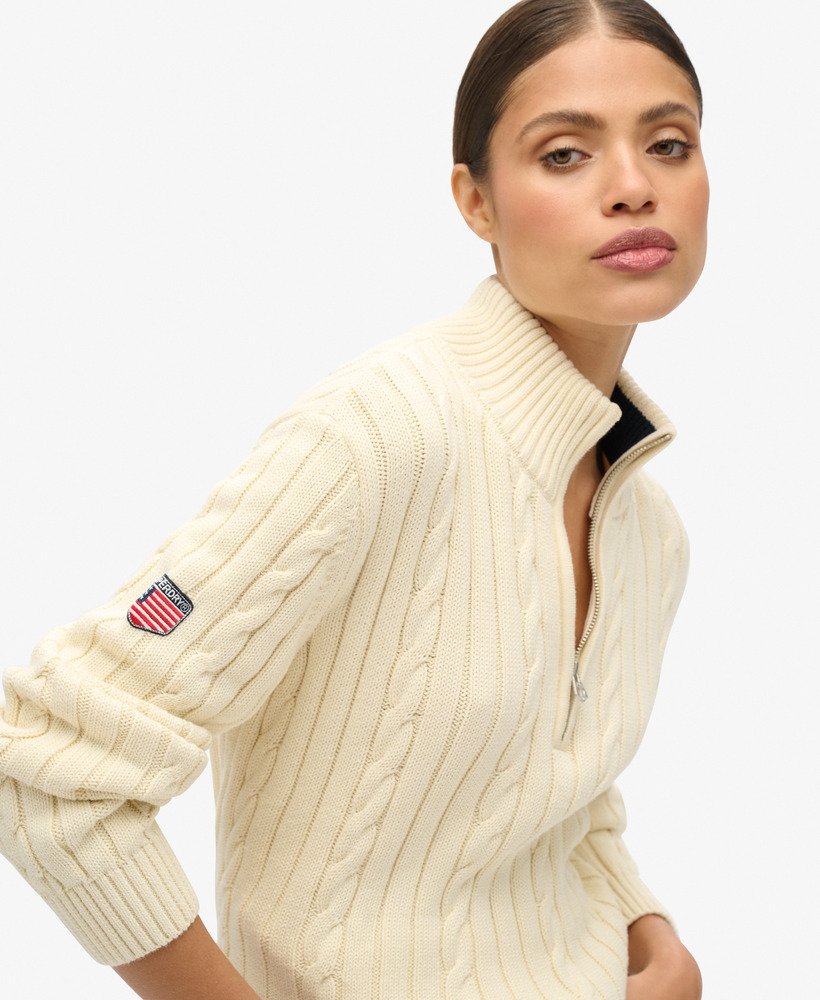 dzianinowy sweter rugby z suwakiem do połowy w kolorze kremowym cable cream