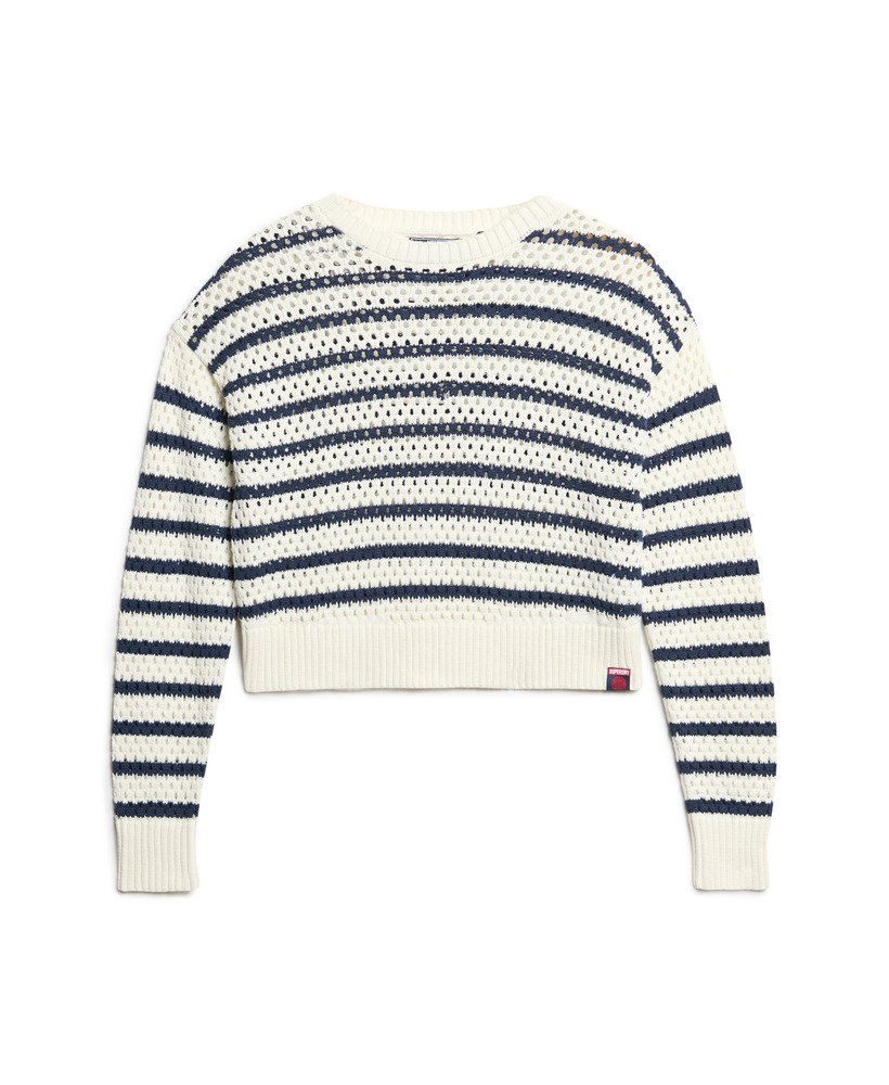 krótki sweter z okrągłym dekoltem w paski w kolorze naturalnej bieli