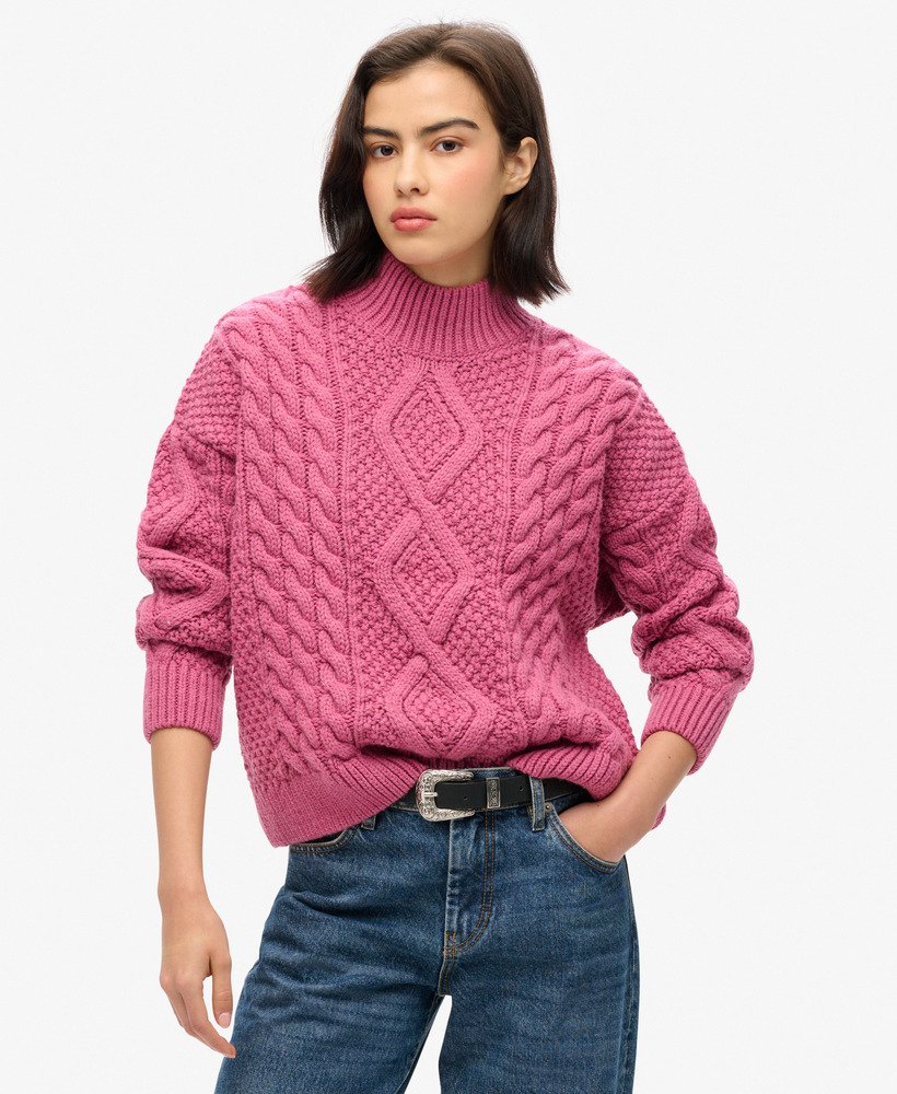 sweter polo aran cable knit w kolorze papai i różu