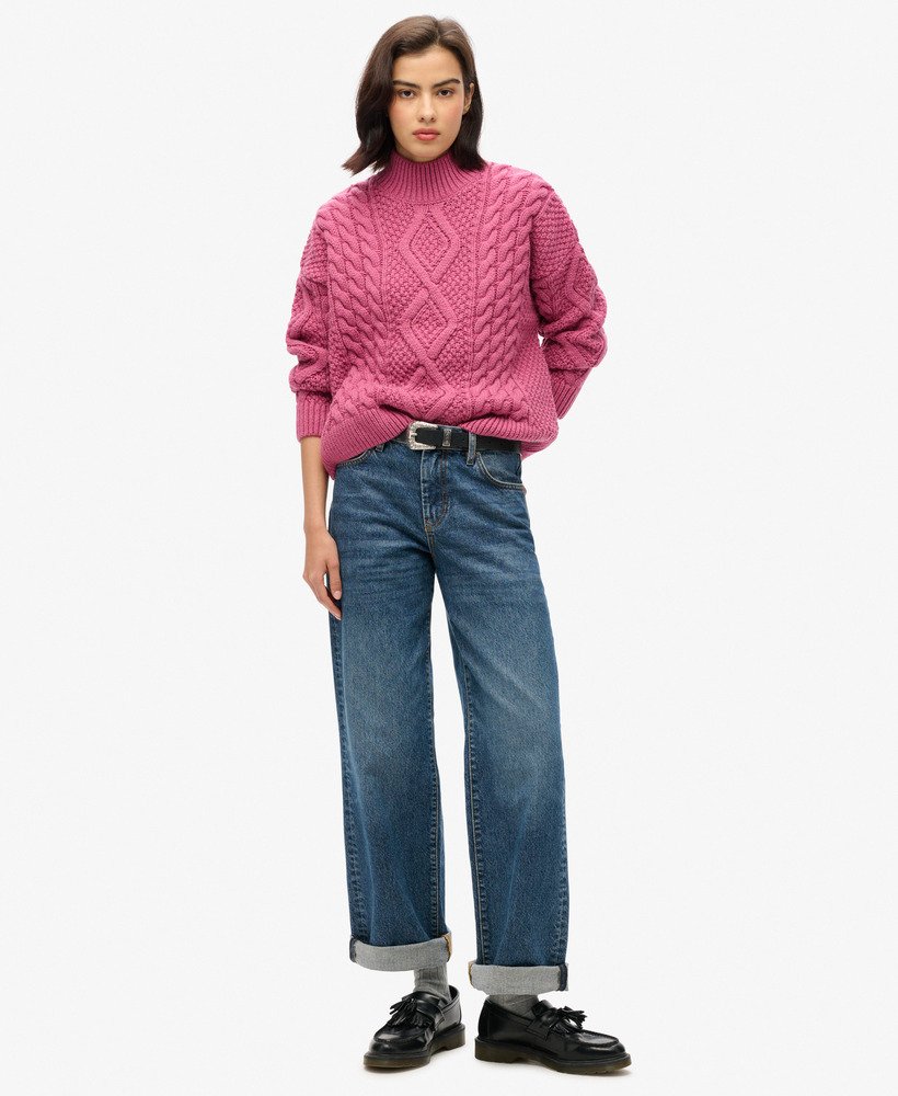 sweter polo aran cable knit w kolorze papai i różu