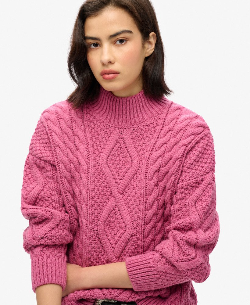 sweter polo aran cable knit w kolorze papai i różu
