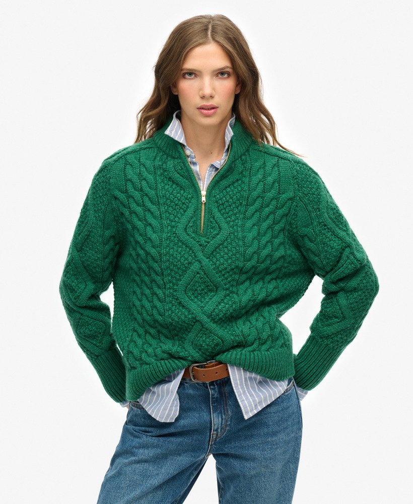 sweter z dzianiny kablowej aran cable knit z zamkiem błyskawicznym w kolorze ciemnej sosny