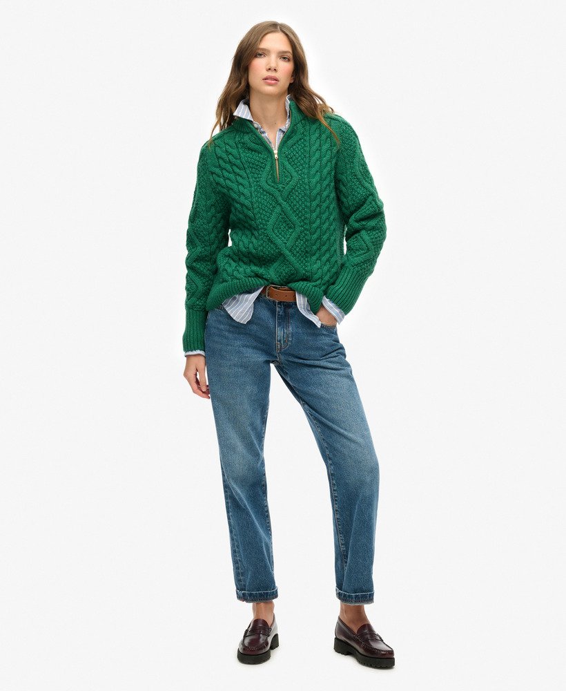 sweter z dzianiny kablowej aran cable knit z zamkiem błyskawicznym w kolorze ciemnej sosny