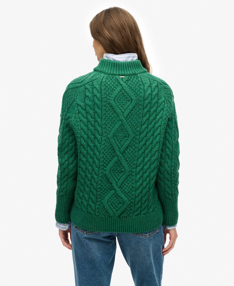 sweter z dzianiny kablowej aran cable knit z zamkiem błyskawicznym w kolorze ciemnej sosny