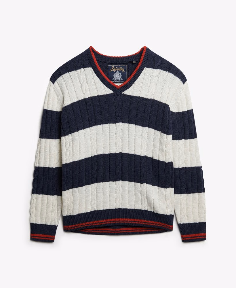 Sweter w paski z oversize'owym dekoltem w serek