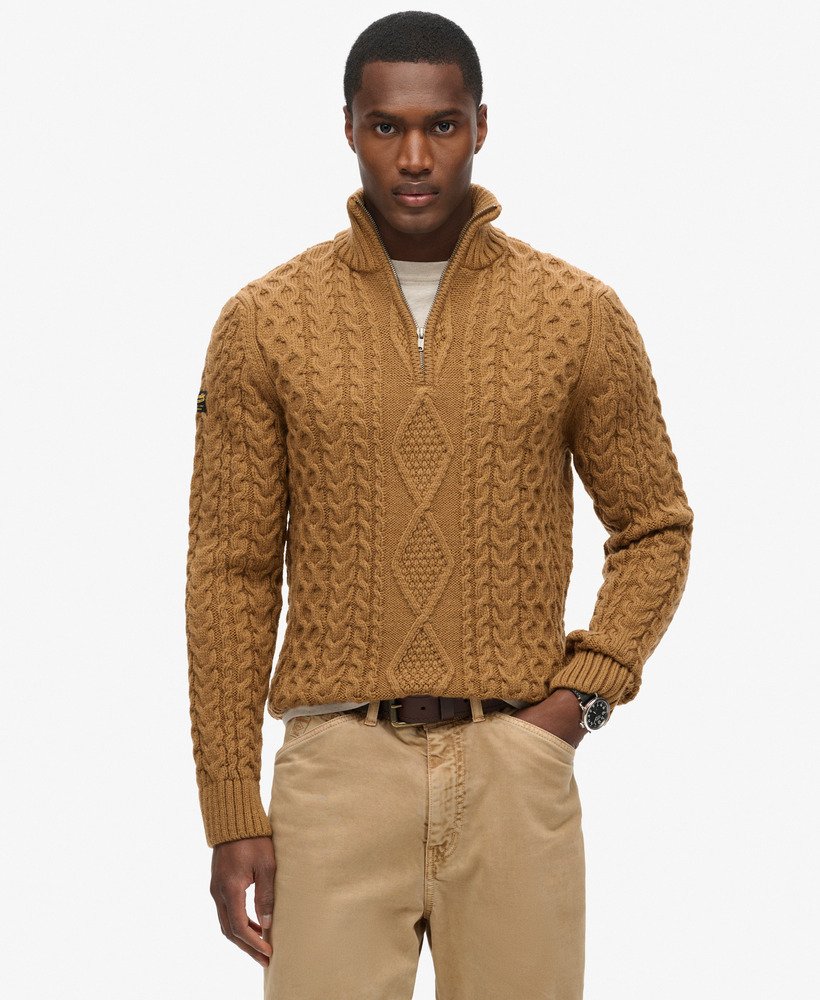 sweter vintage jacob cable knit z zamkiem błyskawicznym w klasycznym brązowym kolorze camel