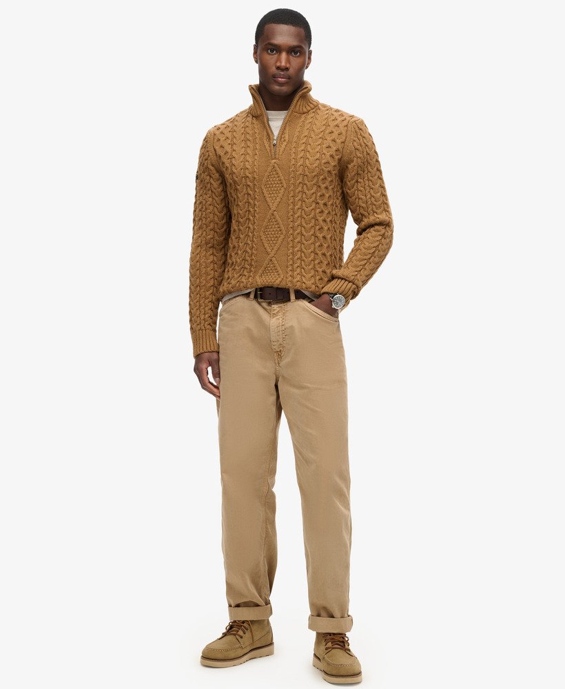 sweter vintage jacob cable knit z zamkiem błyskawicznym w klasycznym brązowym kolorze camel
