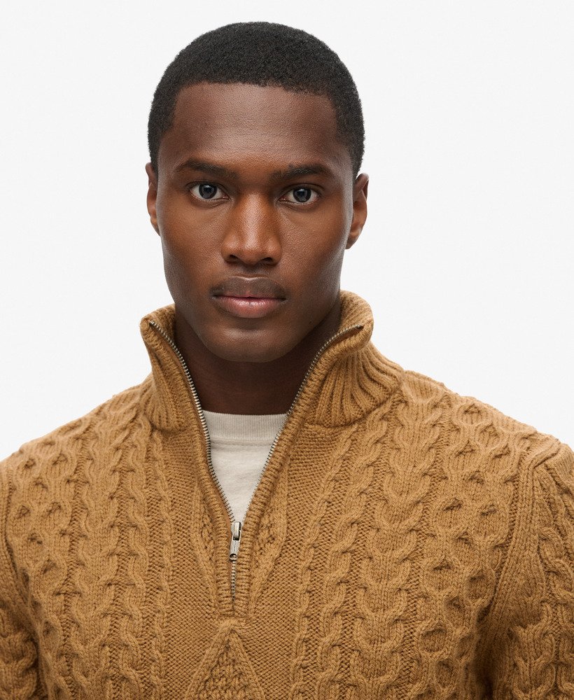 sweter vintage jacob cable knit z zamkiem błyskawicznym w klasycznym brązowym kolorze camel