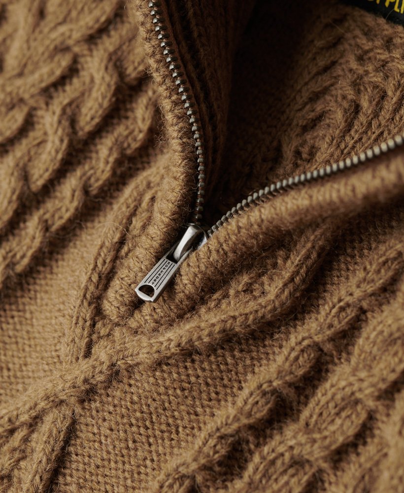 sweter vintage jacob cable knit z zamkiem błyskawicznym w klasycznym brązowym kolorze camel