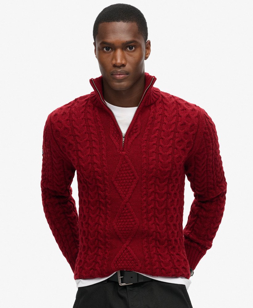 sweter vintage jacob cable knit z zamkiem błyskawicznym w kolorze gŁĘbokiego burgundu