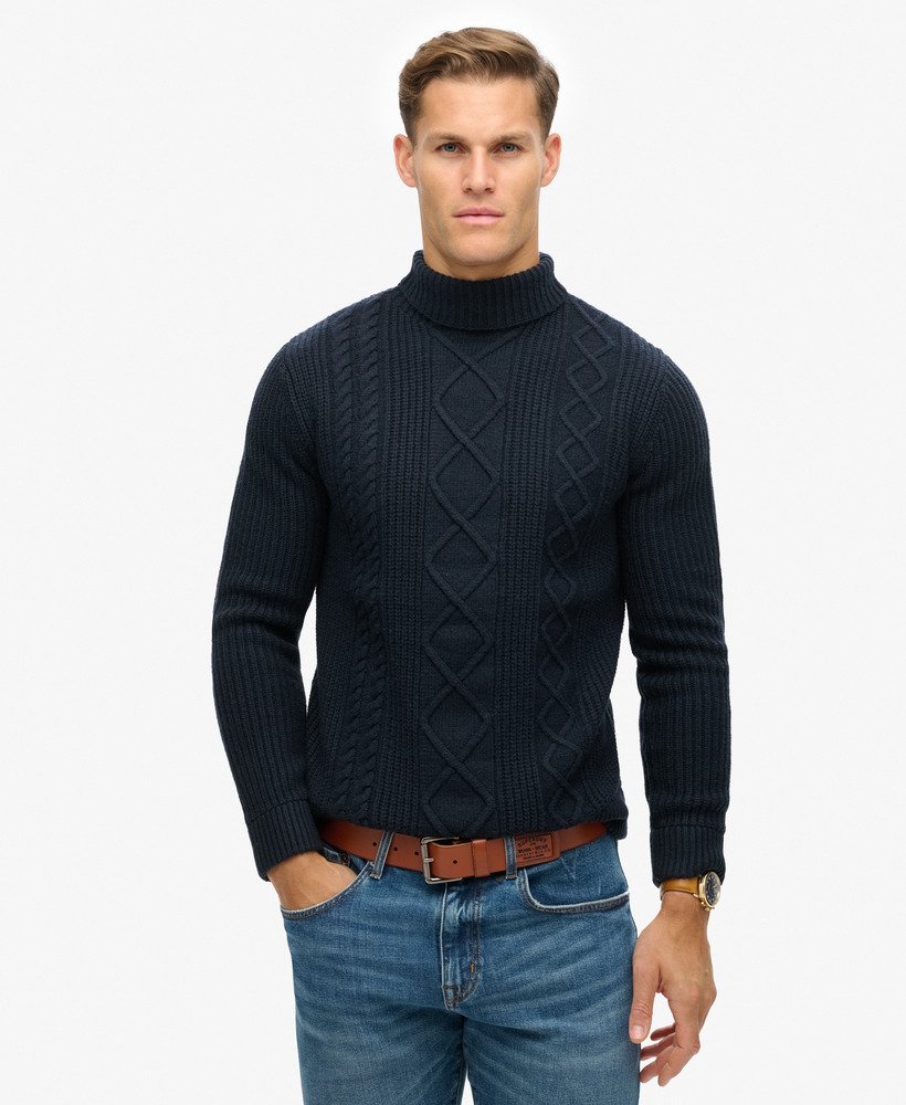 the merchant store – sweter z golfem cable roll neck w kolorze granatowym