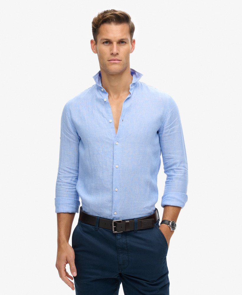 koszula lniana z długim rękawem w stylu casual w kolorze jasnoniebieskim