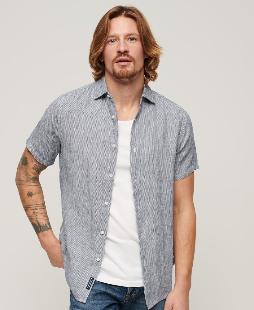 koszula lniana studios casual w granatowe paski twill