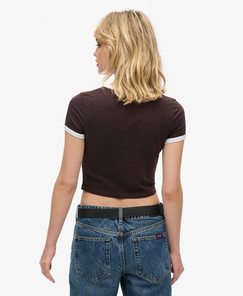 koszulka ringer crop z organicznej bawełny w kolorze ciemnego brązu czekoladowegobiałej optycznej