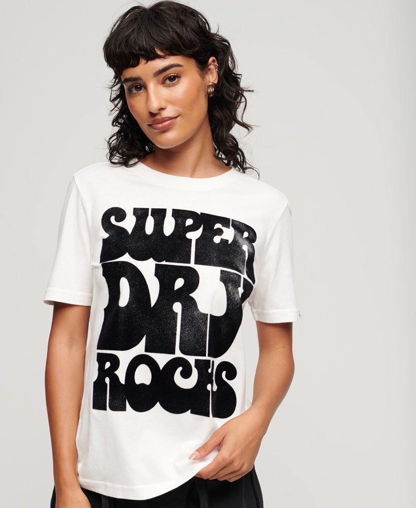 koszulka z logo retro rocka z lat 70. w kolorze ecru