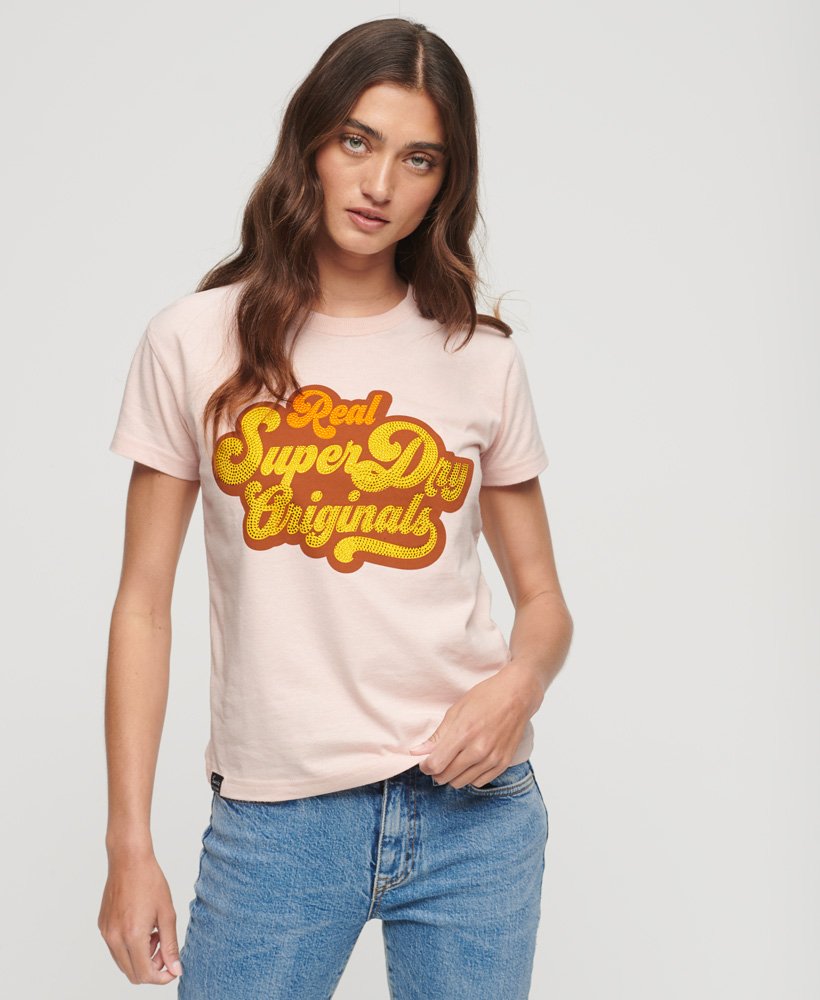 koszulka z metalicznym logo z lat 70. w kolorze somon pink marl