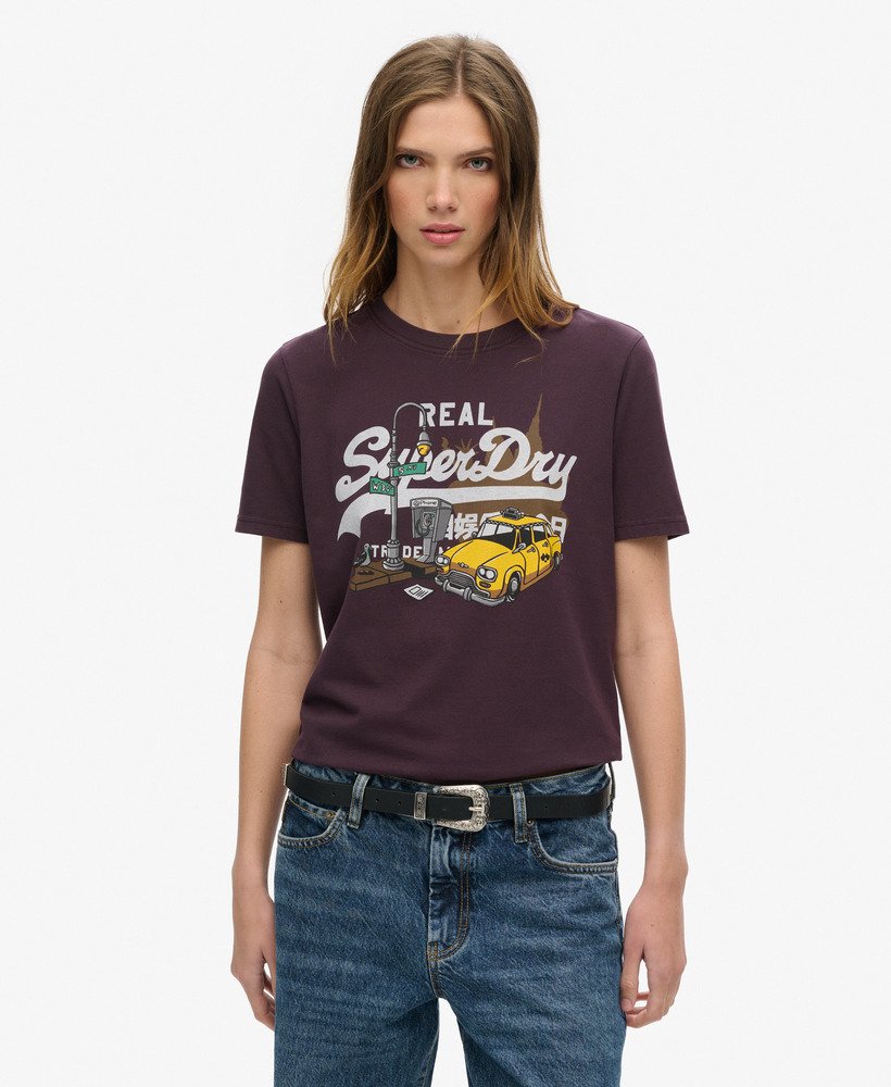 luźna koszulka z logo new york vintage w kolorze zimowej fioletowej jagody
