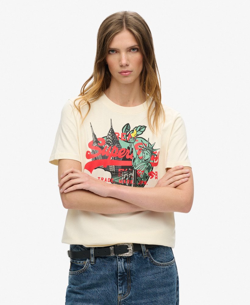 luźna koszulka z logo new york vintage w kolorze ryżowej bieli