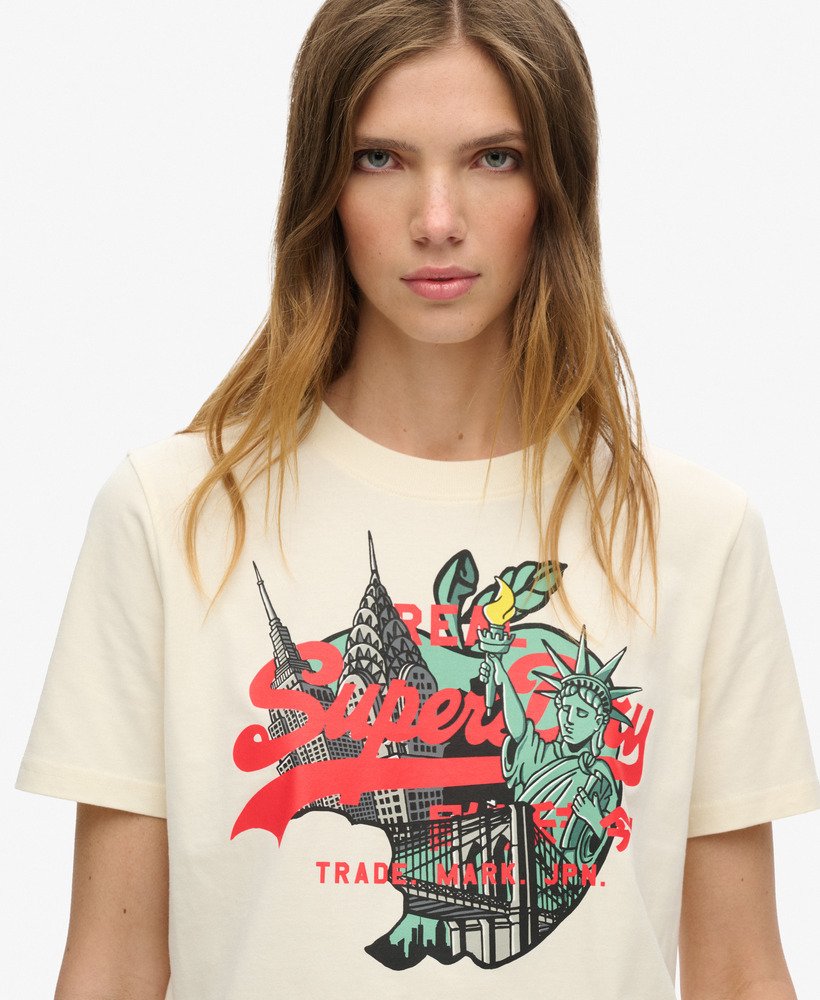 luźna koszulka z logo new york vintage w kolorze ryżowej bieli