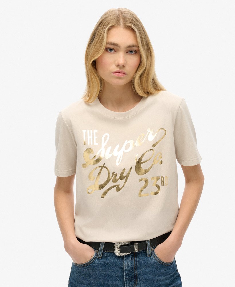 luźna koszulka z metalicznym logo luxe w kolorze złamanej szarości