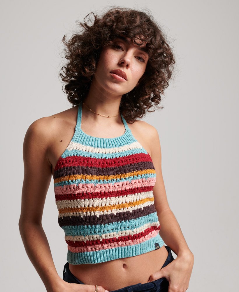 top na szydełku typu halter w paski w kolorze berylowej zieleni
