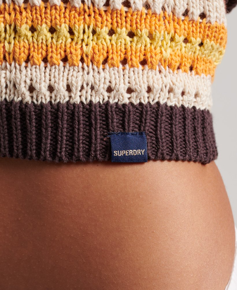 top na szydełku typu halter w brązowe paski