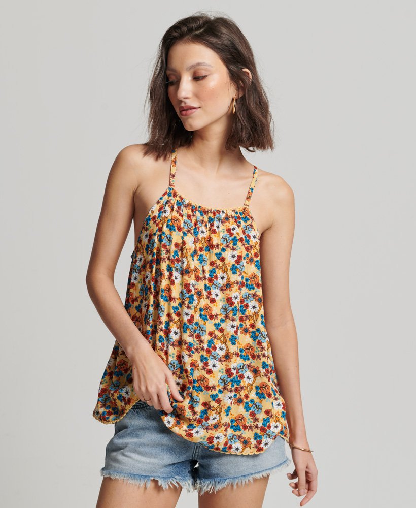 halter beach cami top w kolorze żółtym z motywem kwiatowym z lat 70.
