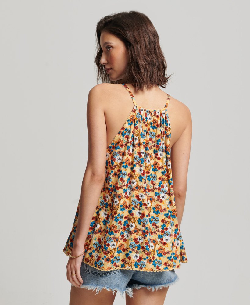 halter beach cami top w kolorze żółtym z motywem kwiatowym z lat 70.