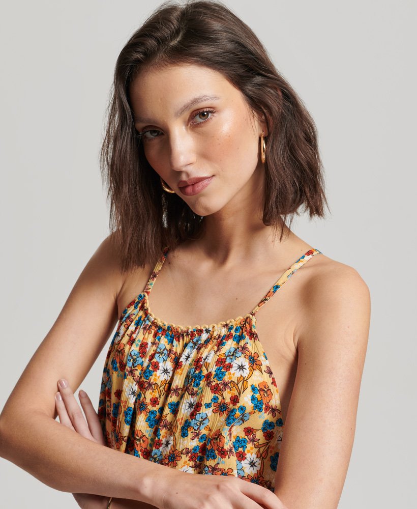 halter beach cami top w kolorze żółtym z motywem kwiatowym z lat 70.