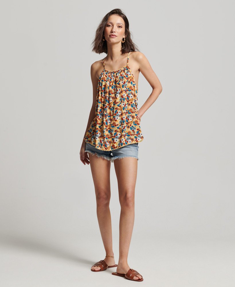 halter beach cami top w kolorze żółtym z motywem kwiatowym z lat 70.