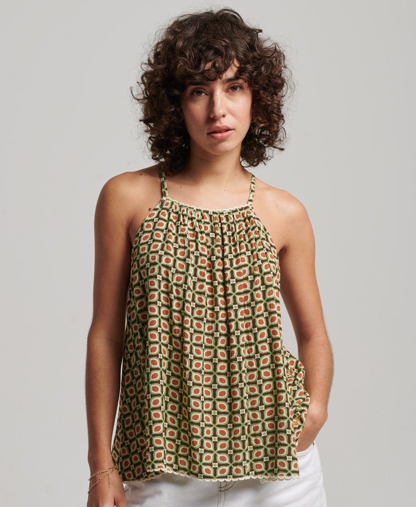 top plażowy typu halter z nadrukiem w stylu retro