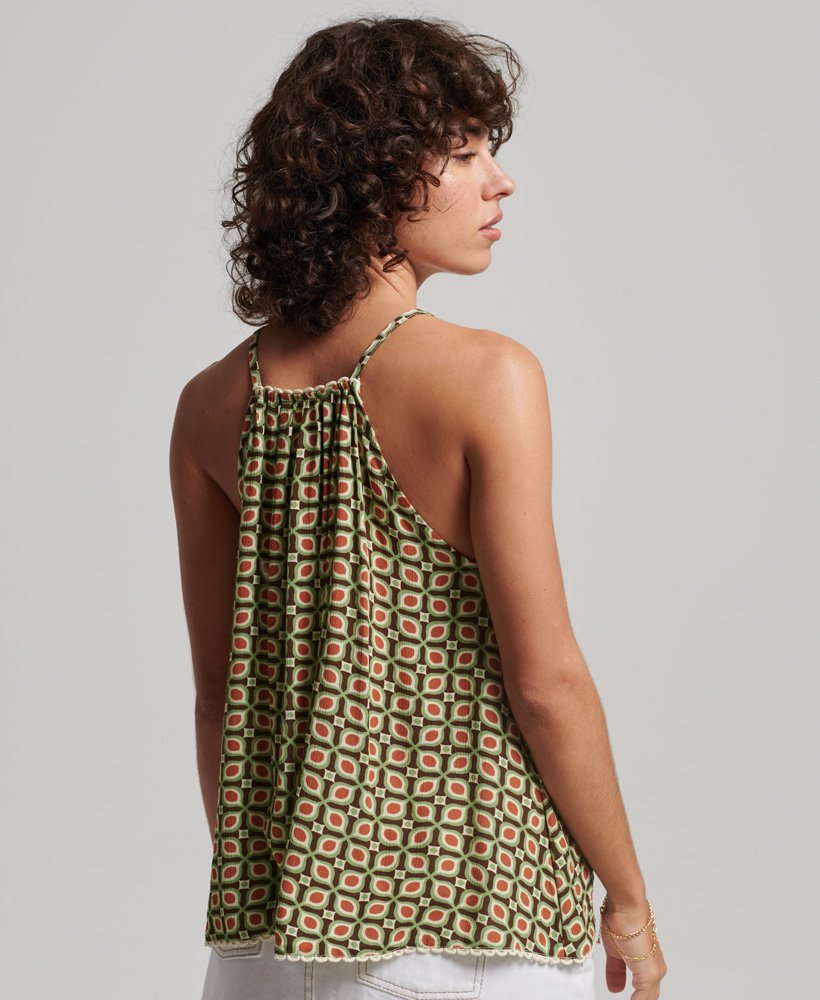 top plażowy typu halter z nadrukiem w stylu retro
