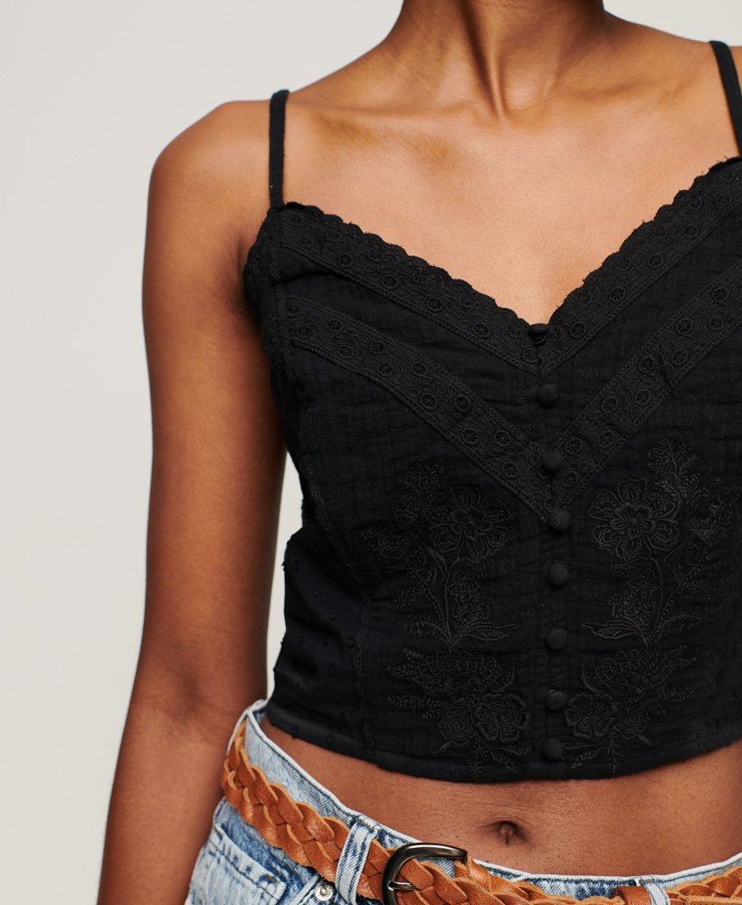 czarny haftowany top na ramiączkach w stylu vintage
