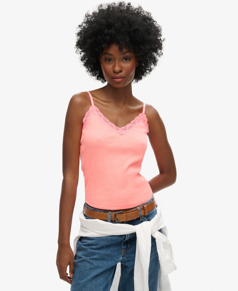 bluzka z organicznej bawełny essential rib lace cami w kolorze pastelowego koralu
