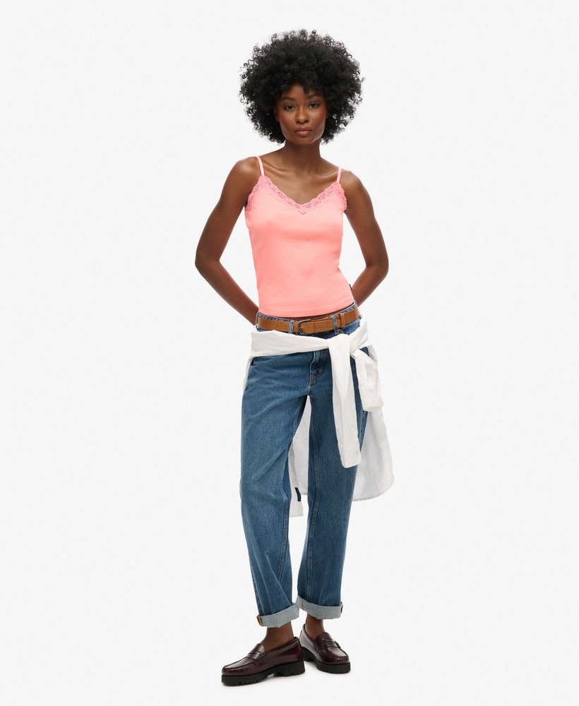 bluzka z organicznej bawełny essential rib lace cami w kolorze pastelowego koralu