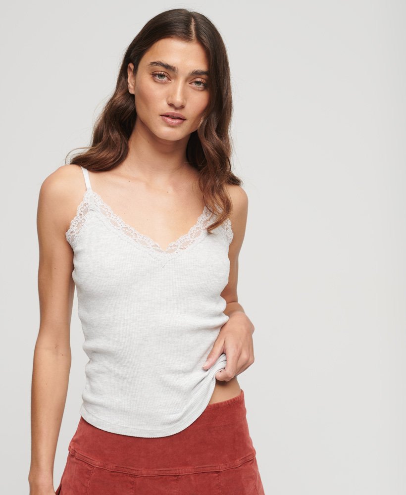 bluzka z organicznej bawełny essential rib lace cami w kolorze jasnoszarym melanżowym