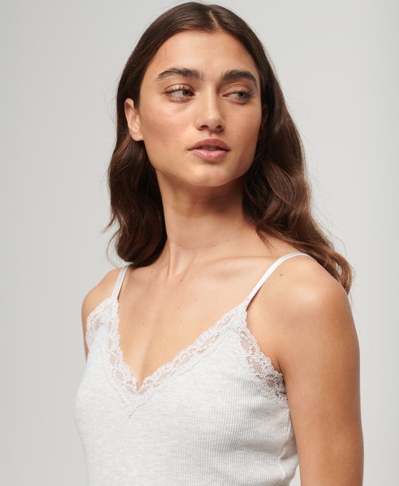 bluzka z organicznej bawełny essential rib lace cami w kolorze jasnoszarym melanżowym