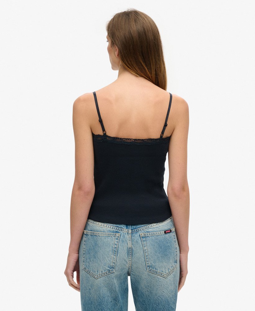 bluzka na ramiączkach z bawełny organicznej w stylu vintage z koronkowym ściągaczem w kolorze eclipse navy