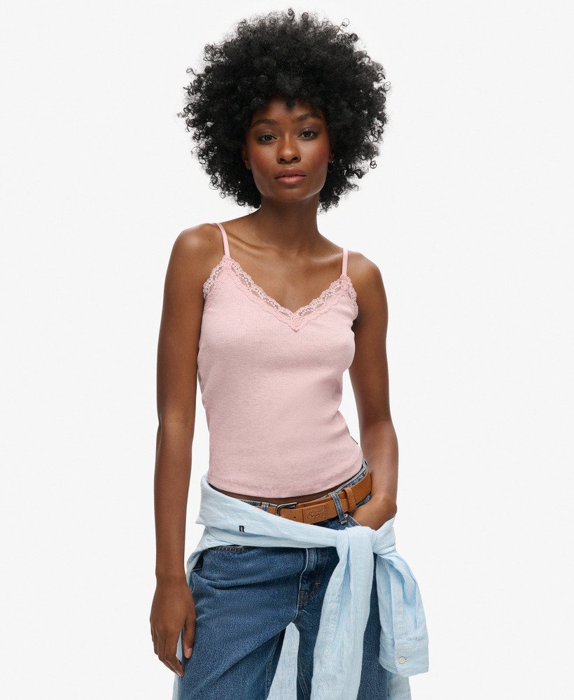 bluzka na ramiączkach z bawełny organicznej w stylu vintage z koronkowym wykończeniem w kolorze la soft pink marl